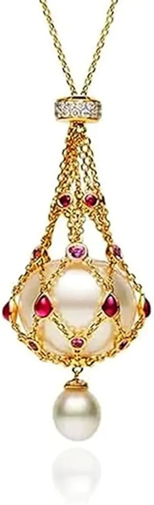 Pearl & Gemstone Lavalier Pendant, Natural Pearl Metal Braided Mesh Necklace,single pearl Cage Pendant Necklaces,Elegant Jewelry Gifts for Mom Wife