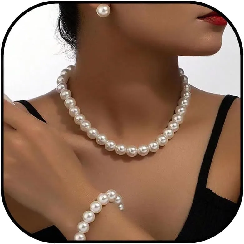 Pearl Jewelry Set Chunky Pearl Necklaces for Women Dainty Gold Jewelry Set Pearl Necklace and Earring Set Pearl Necklace Set Wedding Jewelry Set for Bride