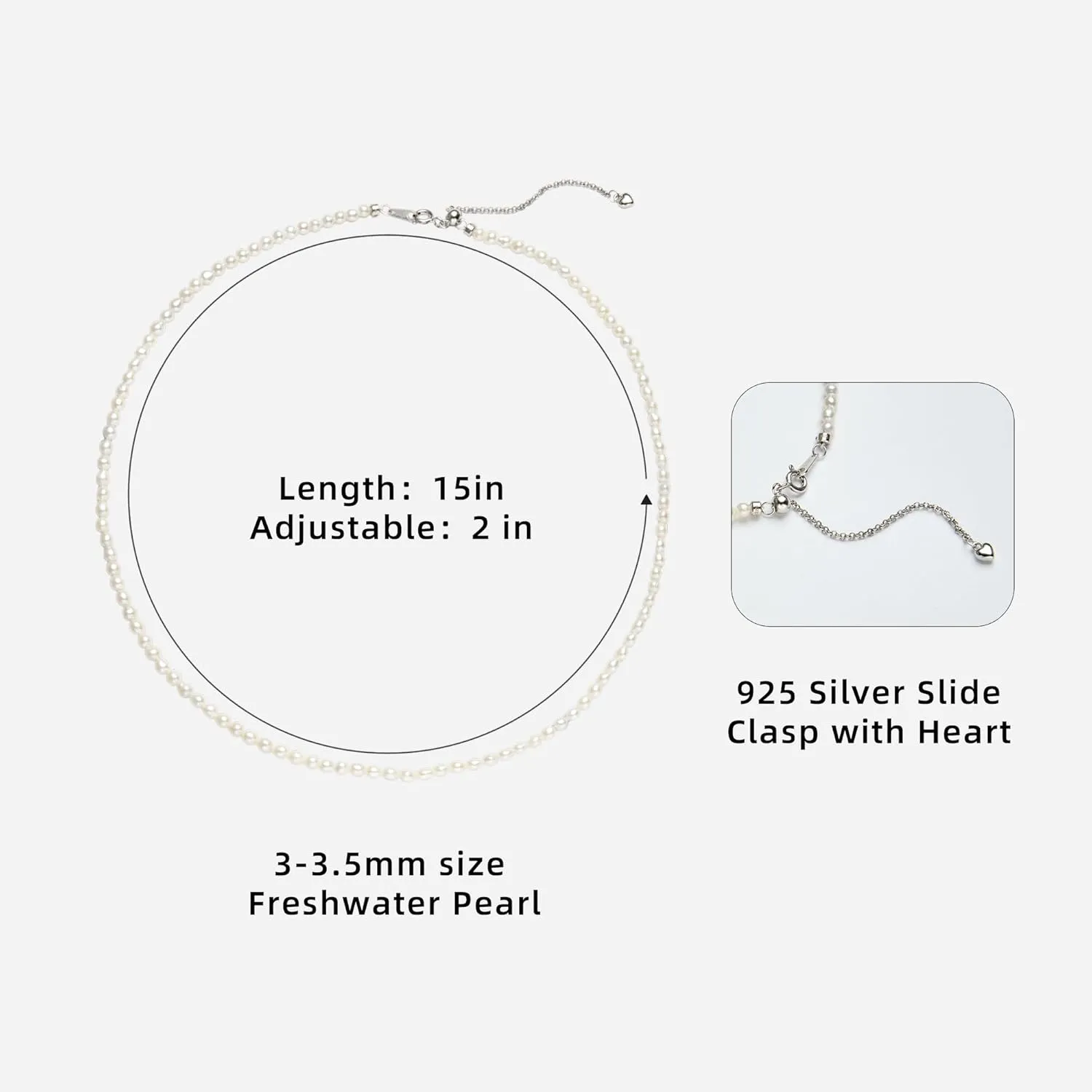 Pearl Necklace 16in 3/4/6MM White Freshwater Pearl Choker Strands Sterling Silver Clasp Necklace for Women/Mother Jewelry Gifts for Wedding Birthday