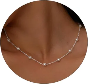 Pearl Necklace for Women, Dainty 14K Gold/Silver Plated Pearl Necklace Simple White Pearls Choker Necklace Cute Pearl Thin Chain Necklace Elegant Tiny Small Faux Pearl Necklaces Women Wedding Jewelry Gift