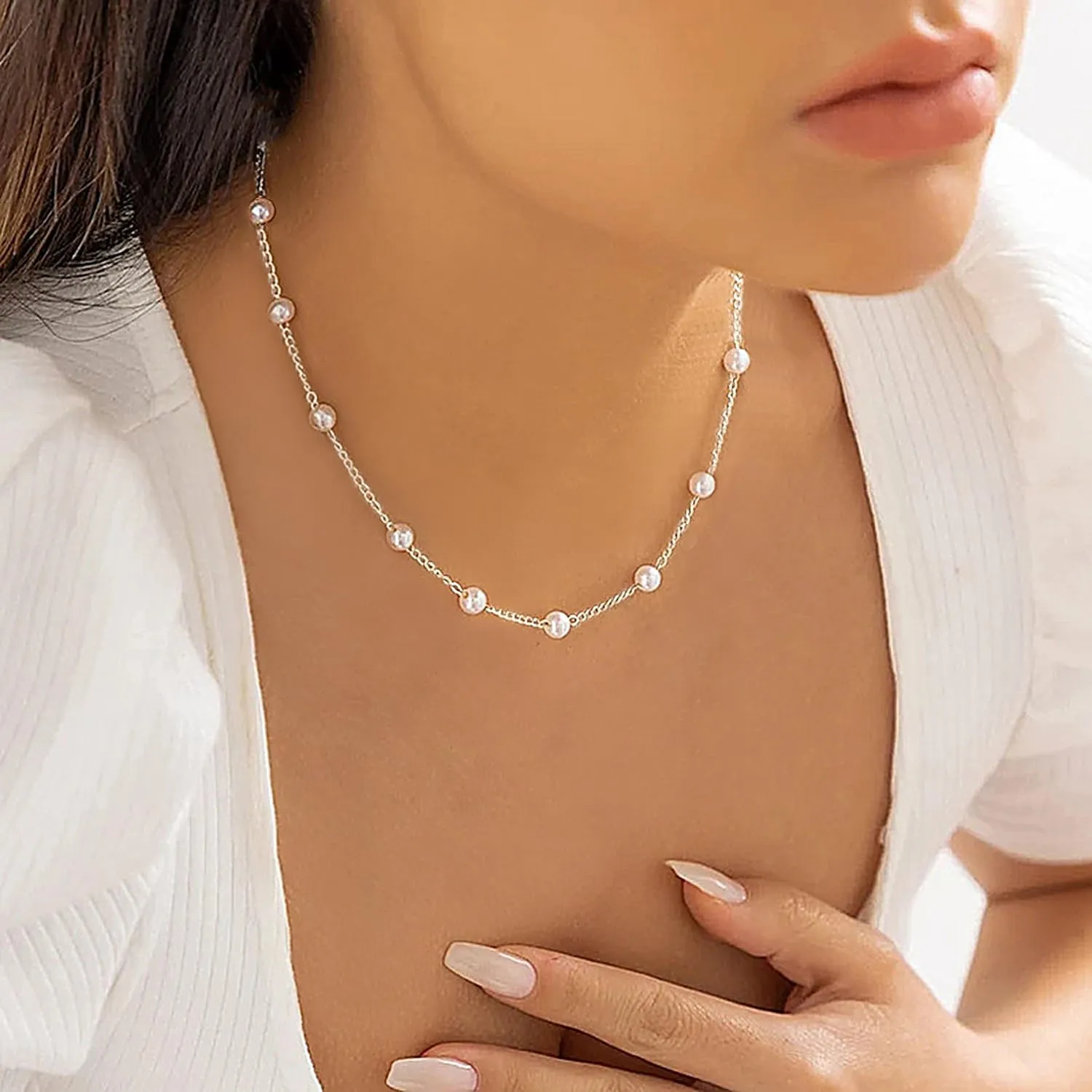 Pearl Necklace for Women, Dainty 14K Gold/Silver Plated Pearl Necklace Simple White Pearls Choker Necklace Cute Pearl Thin Chain Necklace Elegant Tiny Small Faux Pearl Necklaces Women Wedding Jewelry Gift