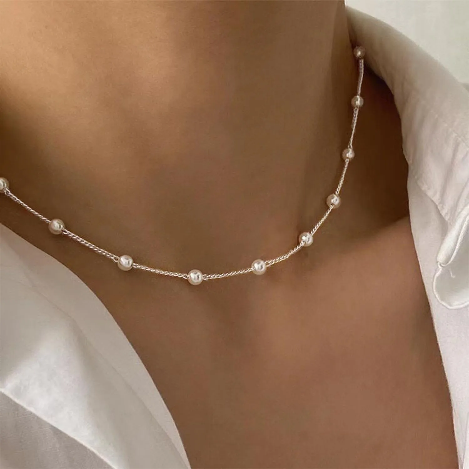 Pearl Necklace for Women, Dainty 14K Gold/Silver Plated Pearl Necklace Simple White Pearls Choker Necklace Cute Pearl Thin Chain Necklace Elegant Tiny Small Faux Pearl Necklaces Women Wedding Jewelry Gift