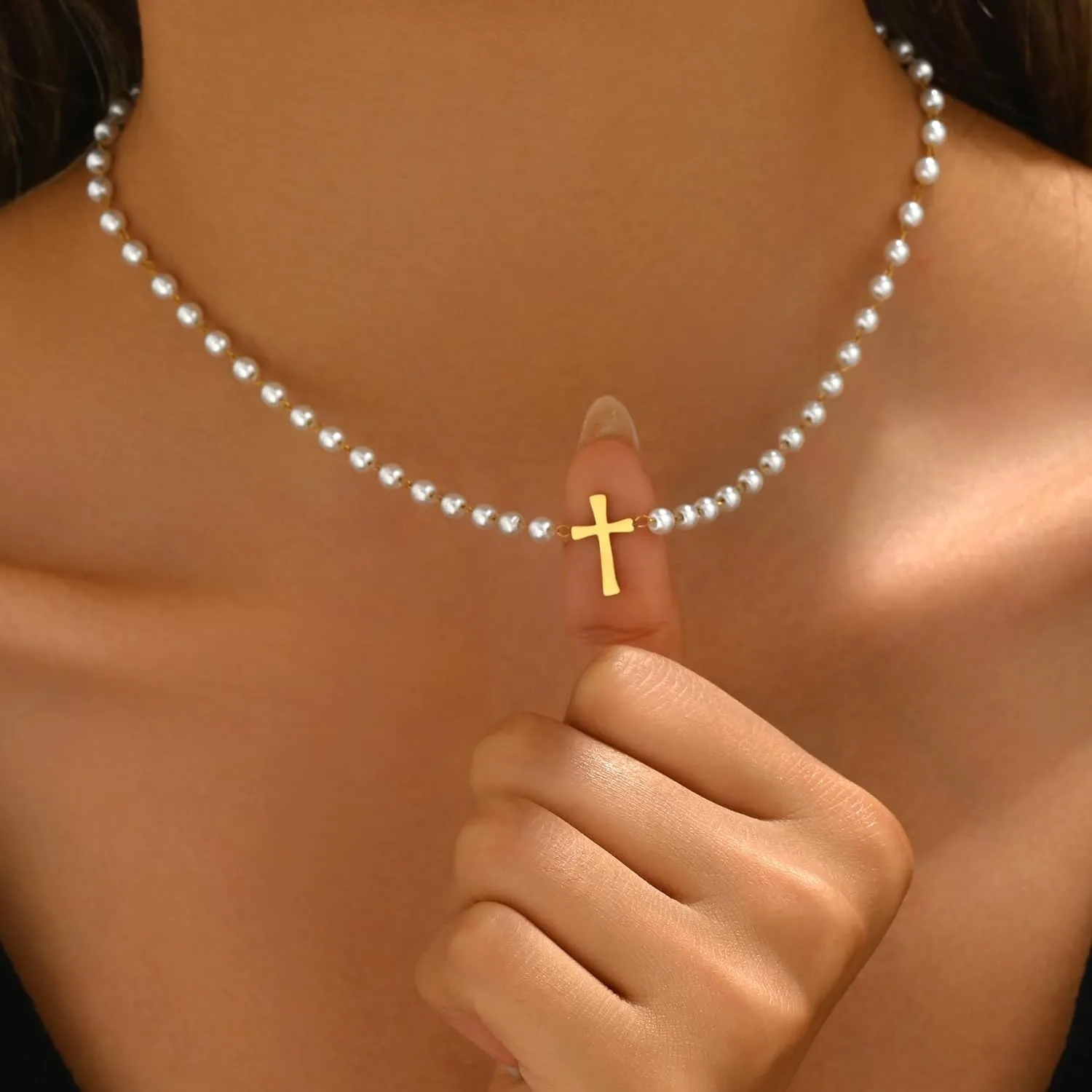 Pearl Necklaces for Women 18K Gold Plated Dainty Cross Necklace Gold Flower Pearls Beaded Choker Necklace Trendy Stainless Steel Bridesmaid Wedding Jewelry