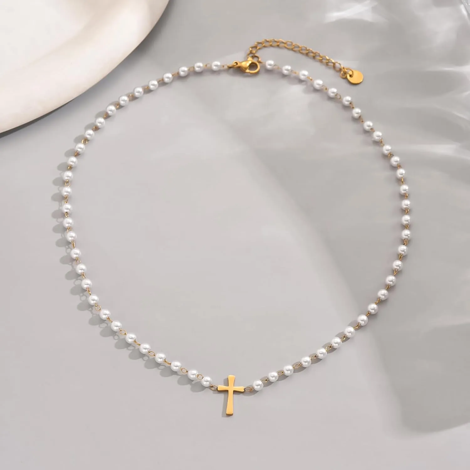 Pearl Necklaces for Women 18K Gold Plated Dainty Cross Necklace Gold Flower Pearls Beaded Choker Necklace Trendy Stainless Steel Bridesmaid Wedding Jewelry