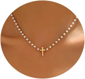 Pearl Necklaces for Women 18K Gold Plated Dainty Cross Necklace Gold Flower Pearls Beaded Choker Necklace Trendy Stainless Steel Bridesmaid Wedding Jewelry