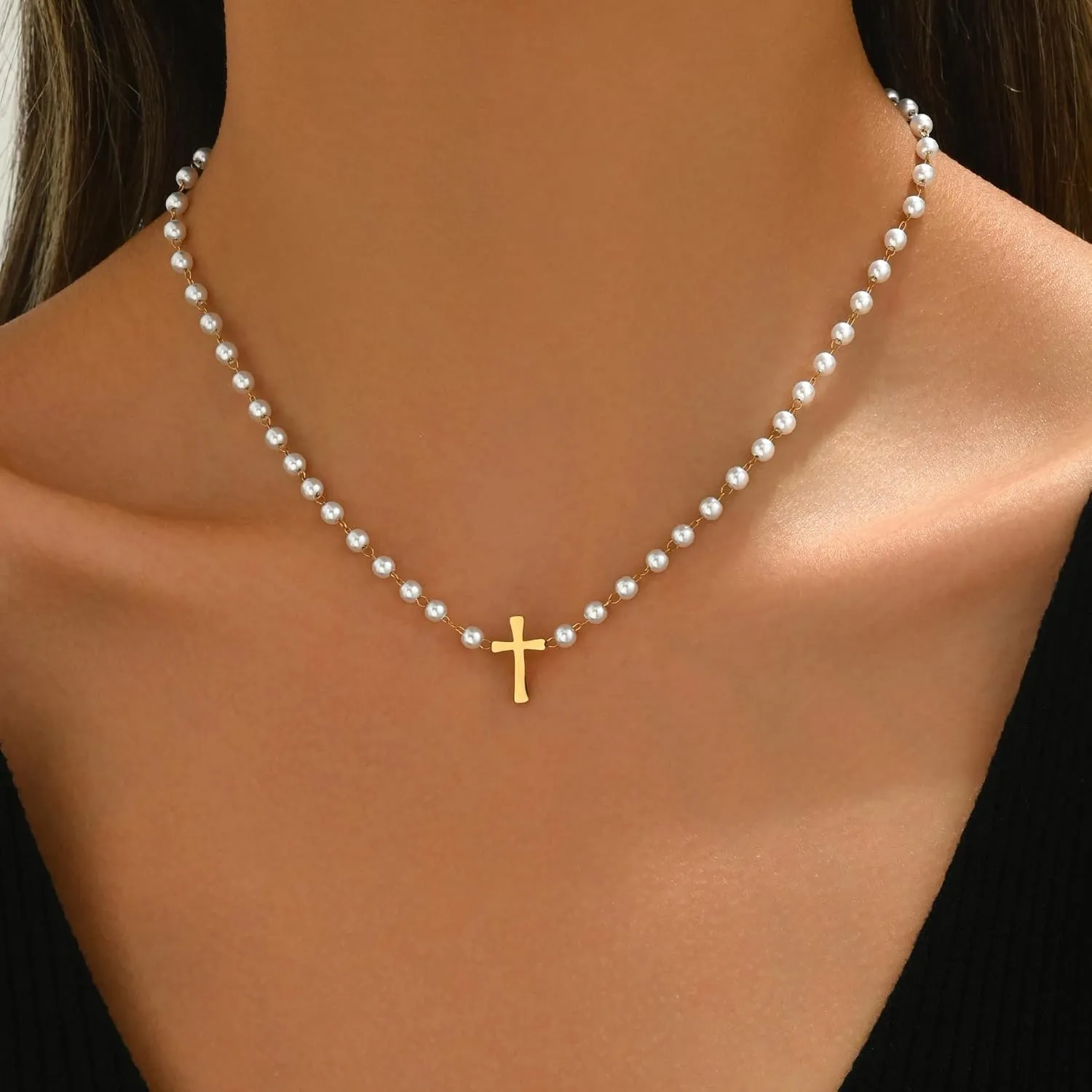 Pearl Necklaces for Women 18K Gold Plated Dainty Cross Necklace Gold Flower Pearls Beaded Choker Necklace Trendy Stainless Steel Bridesmaid Wedding Jewelry