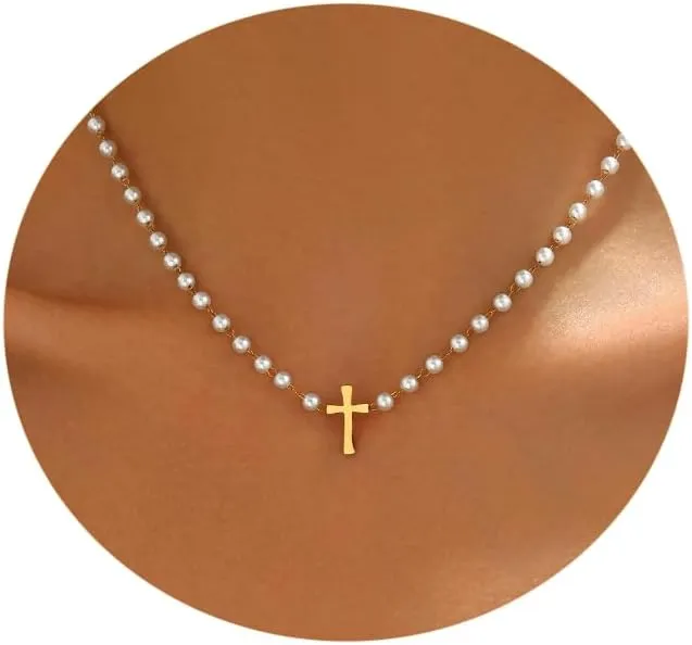 Pearl Necklaces for Women 18K Gold Plated Dainty Cross Necklace Gold Flower Pearls Beaded Choker Necklace Trendy Stainless Steel Bridesmaid Wedding Jewelry