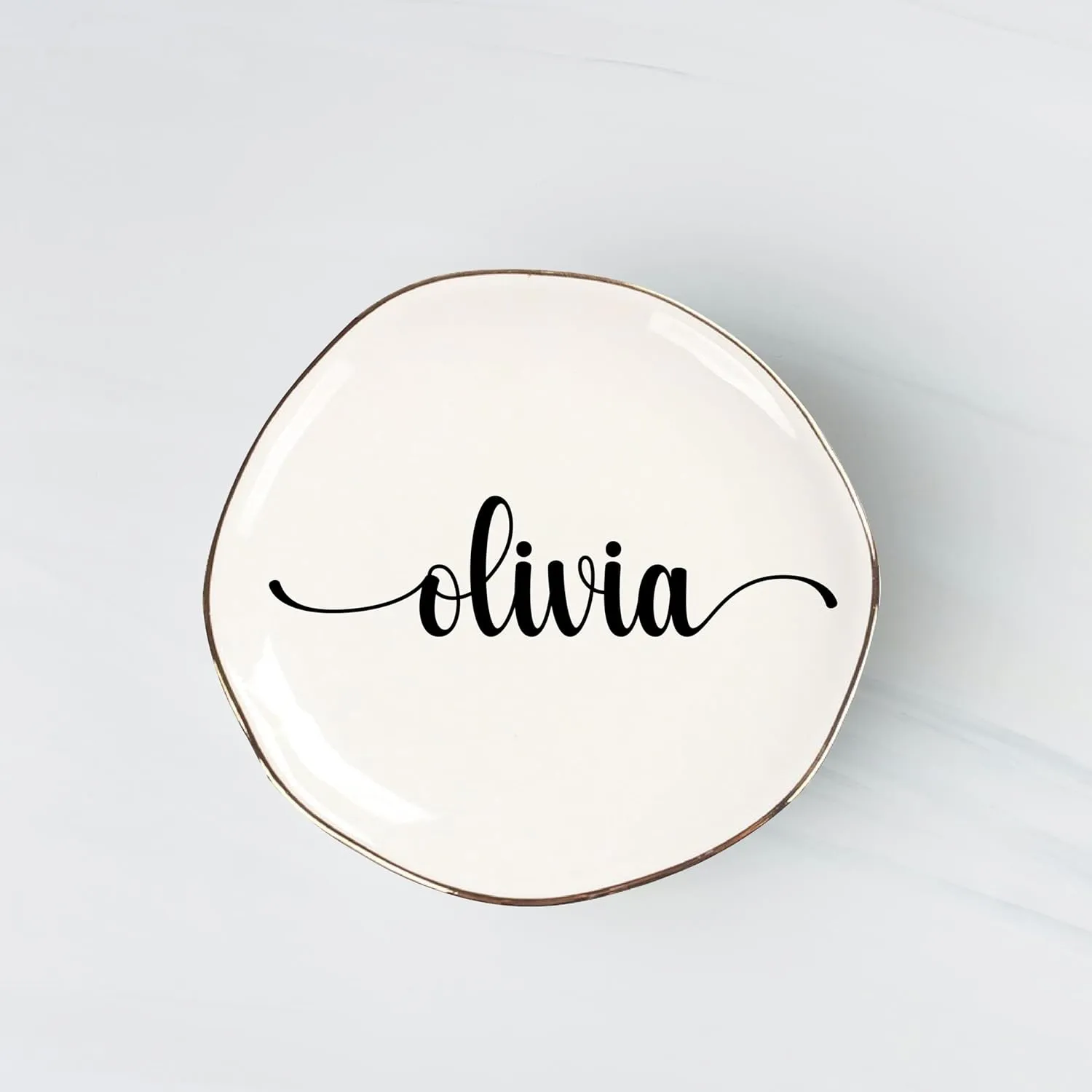 Personalized Ceramic Gold Trim Jewelry Tray Bridesmaid Wedding Engagement Gifts Jewelry Dish Decorative Trinket Custom Ring Dish With Name Couple Initials (Style A)