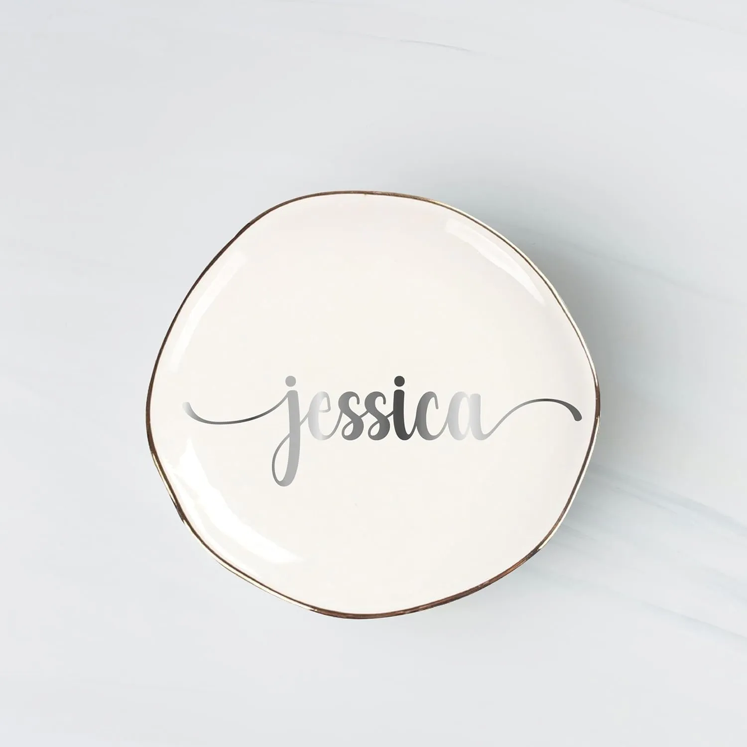 Personalized Ceramic Gold Trim Jewelry Tray Bridesmaid Wedding Engagement Gifts Jewelry Dish Decorative Trinket Custom Ring Dish With Name Couple Initials (Style A)