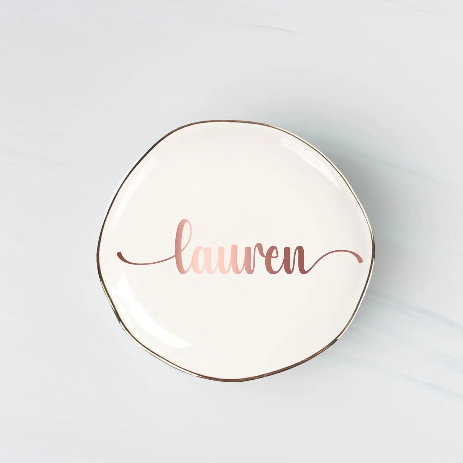 Personalized Ceramic Gold Trim Jewelry Tray Bridesmaid Wedding Engagement Gifts Jewelry Dish Decorative Trinket Custom Ring Dish With Name Couple Initials (Style A)