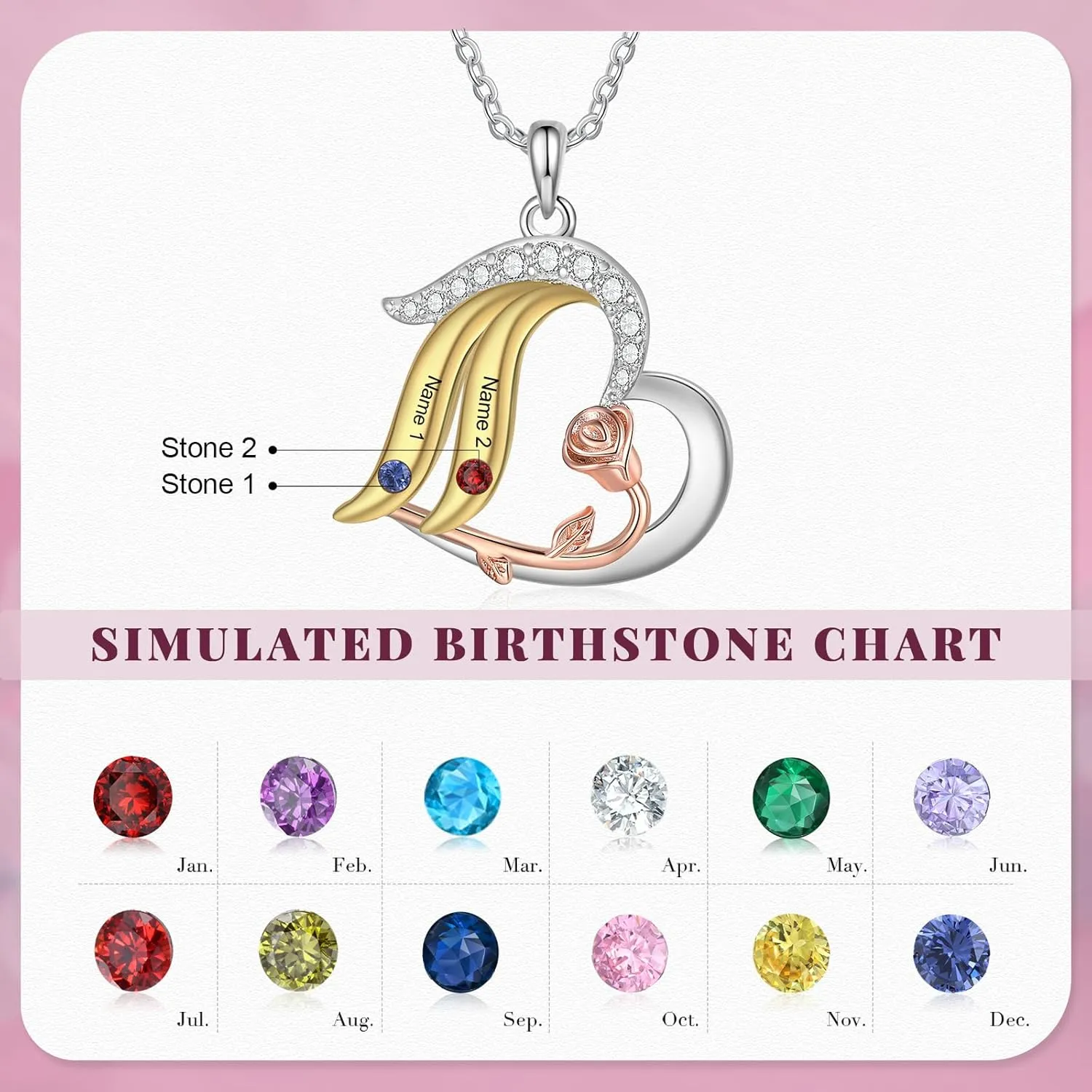 Personalized Heart Mom Necklace for Women with 2-5 Birthstones Custom Mother Necklace with Name Christmas Birthday Gift for Wife Grandma