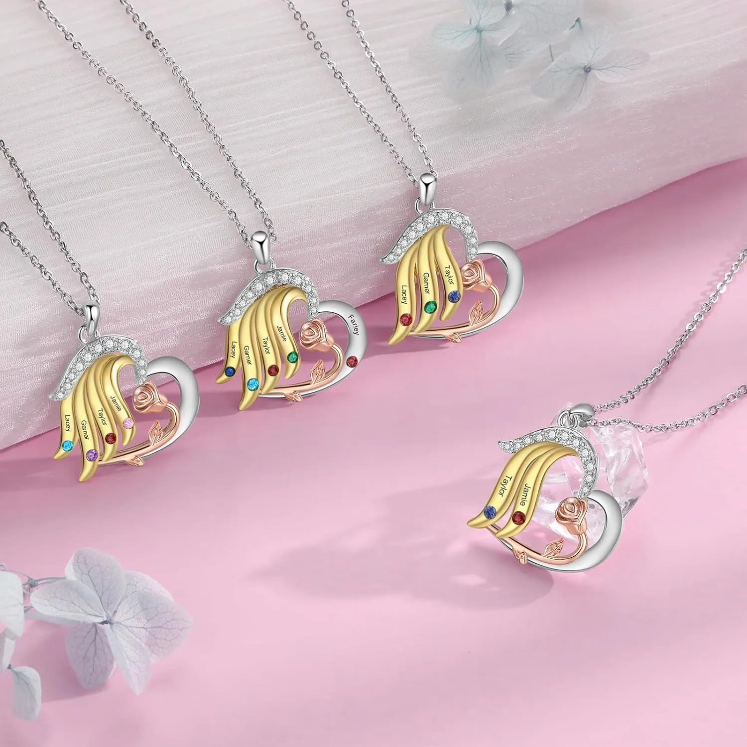 Personalized Heart Mom Necklace for Women with 2-5 Birthstones Custom Mother Necklace with Name Christmas Birthday Gift for Wife Grandma