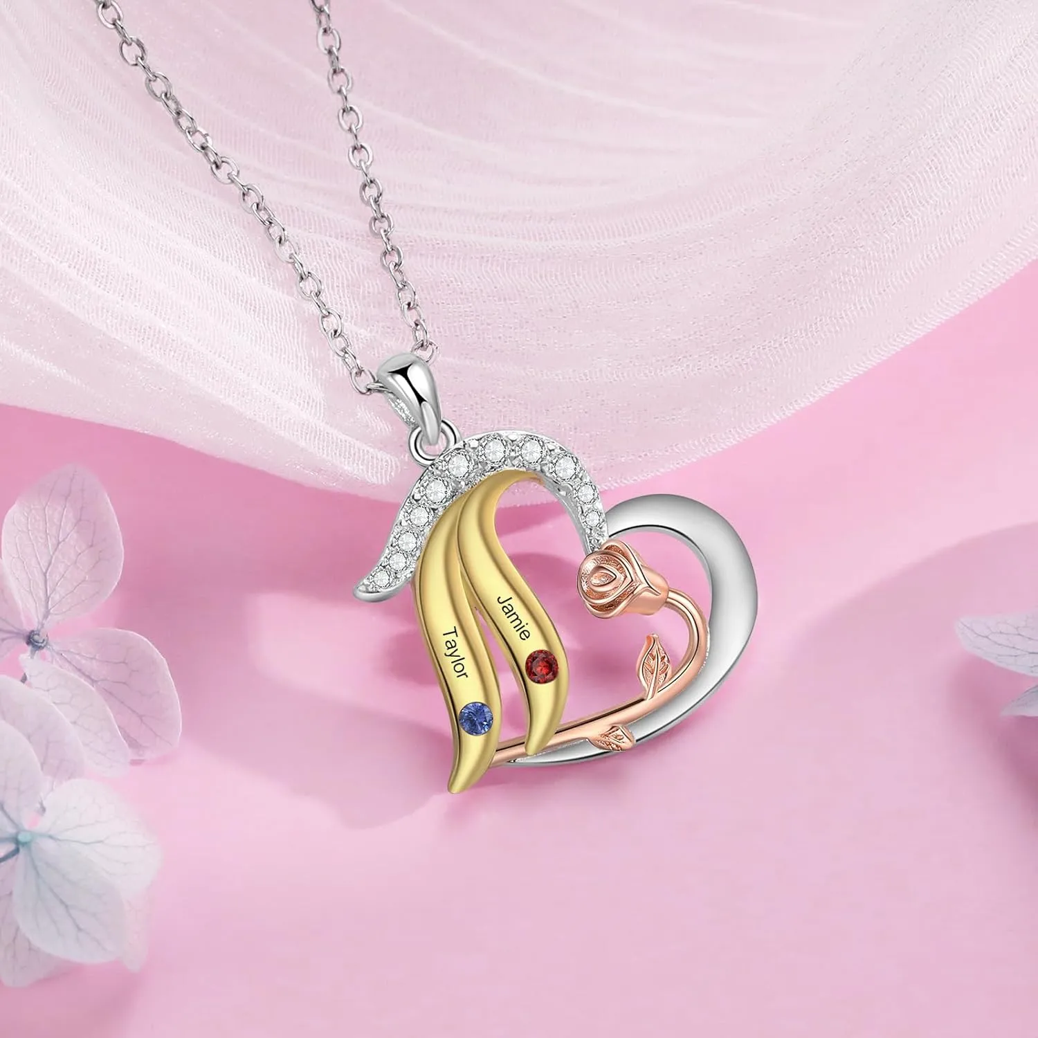 Personalized Heart Mom Necklace for Women with 2-5 Birthstones Custom Mother Necklace with Name Christmas Birthday Gift for Wife Grandma