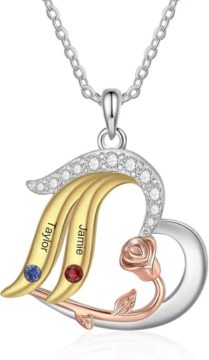 Personalized Heart Mom Necklace for Women with 2-5 Birthstones Custom Mother Necklace with Name Christmas Birthday Gift for Wife Grandma