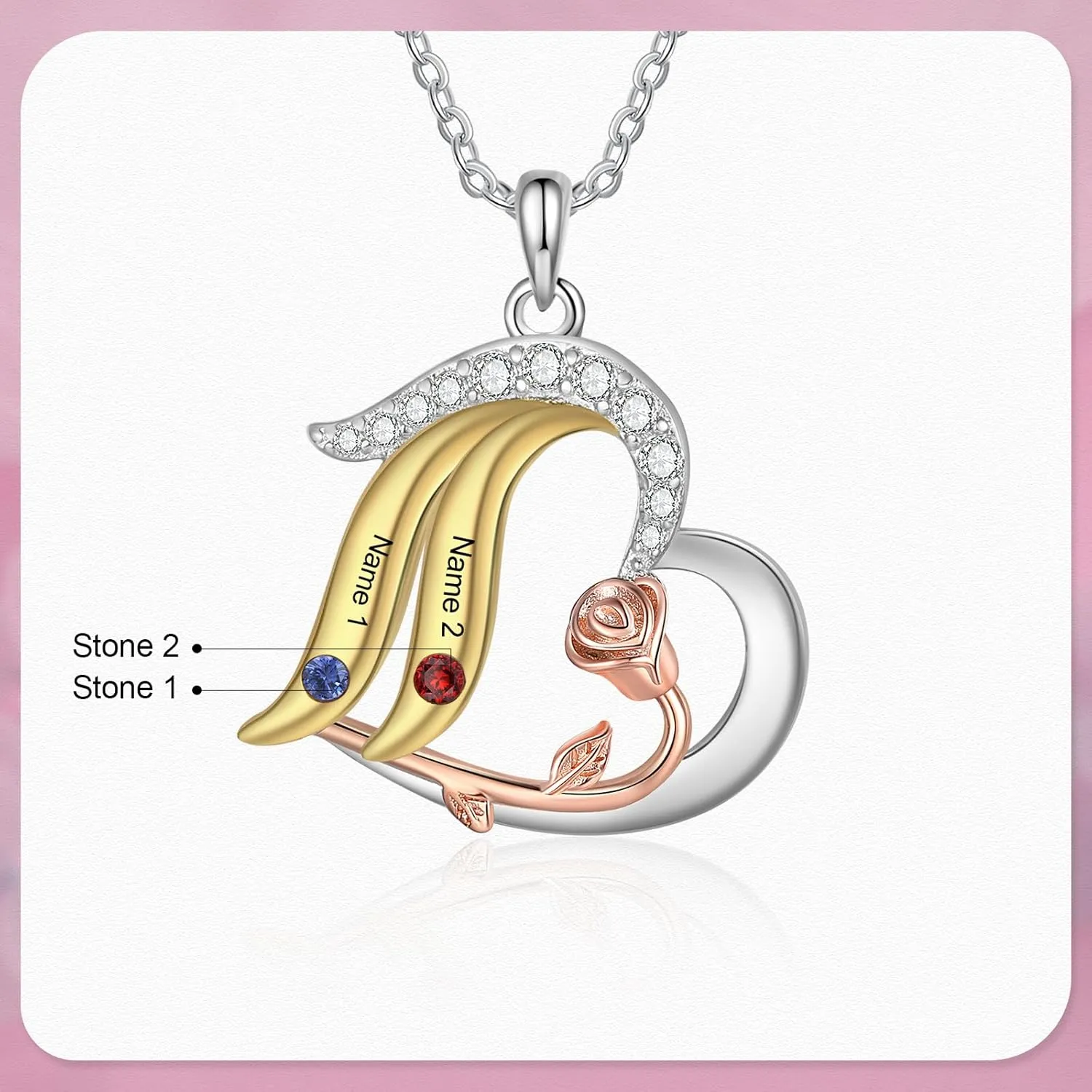 Personalized Heart Mom Necklace for Women with 2-5 Birthstones Custom Mother Necklace with Name Christmas Birthday Gift for Wife Grandma