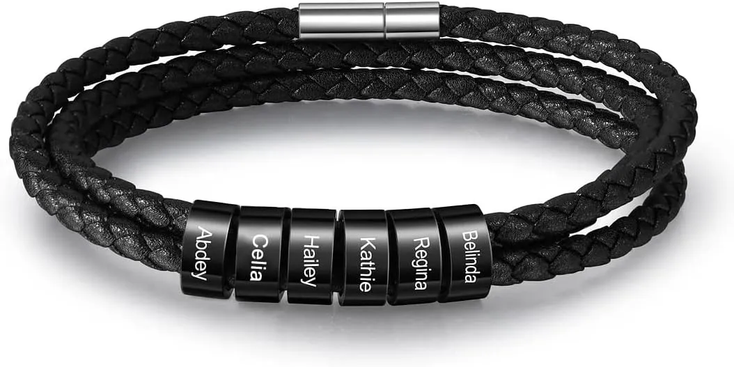 Personalized Leather Braid Bracelets for Mens with 1-6 Names Custom Engraved Leather Beads Bracelet Gifts for Dad Husband Birthday Father's Day