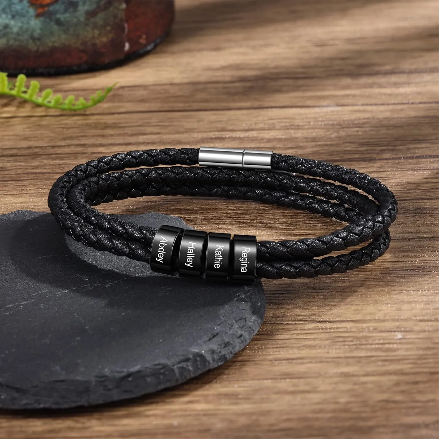 Personalized Leather Braid Bracelets for Mens with 1-6 Names Custom Engraved Leather Beads Bracelet Gifts for Dad Husband Birthday Father's Day