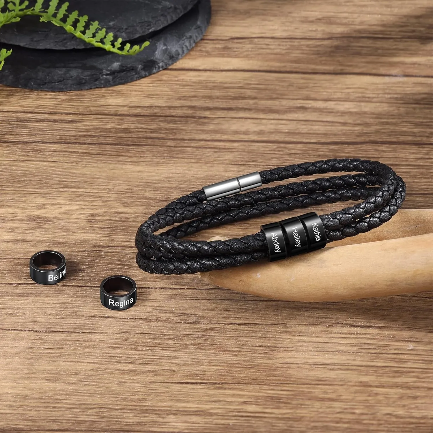 Personalized Leather Braid Bracelets for Mens with 1-6 Names Custom Engraved Leather Beads Bracelet Gifts for Dad Husband Birthday Father's Day