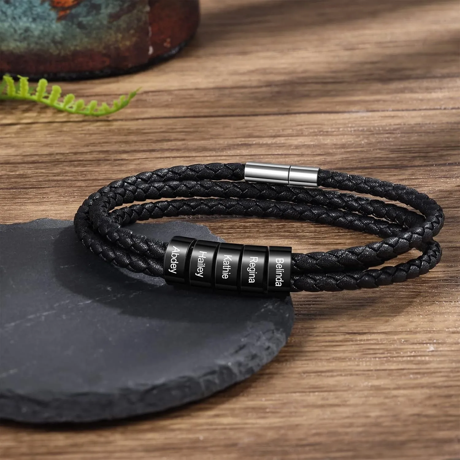 Personalized Leather Braid Bracelets for Mens with 1-6 Names Custom Engraved Leather Beads Bracelet Gifts for Dad Husband Birthday Father's Day