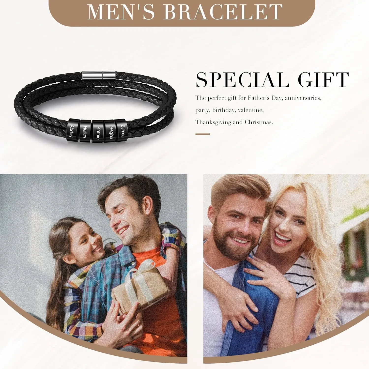 Personalized Leather Braid Bracelets for Mens with 1-6 Names Custom Engraved Leather Beads Bracelet Gifts for Dad Husband Birthday Father's Day
