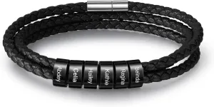 Personalized Leather Braid Bracelets for Mens with 1-6 Names Custom Engraved Leather Beads Bracelet Gifts for Dad Husband Birthday Father's Day