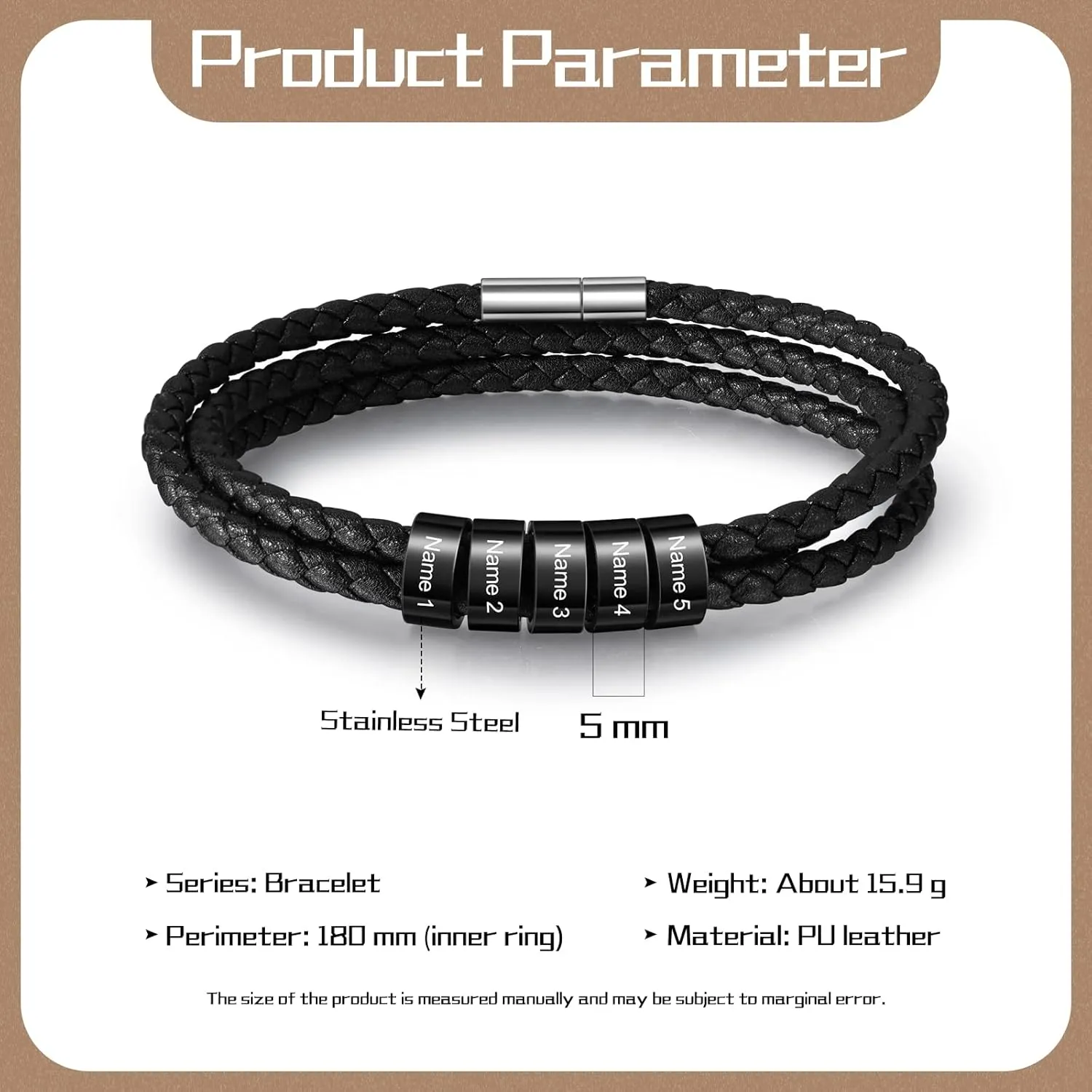 Personalized Leather Braid Bracelets for Mens with 1-6 Names Custom Engraved Leather Beads Bracelet Gifts for Dad Husband Birthday Father's Day