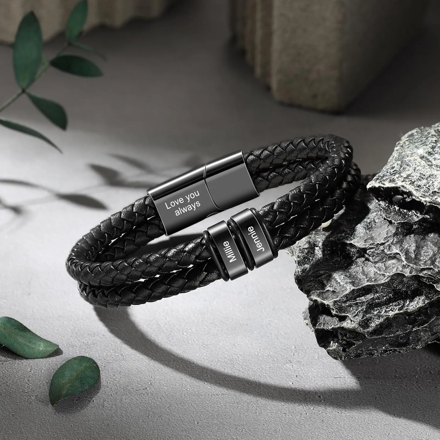 Personalized Leather Name Bracelet for Men  Custom Braided Mens Bracelet with 2-6 Engraved Beads, Unique Fathers Day Gift for Dad, Husband, Son, Grandpa