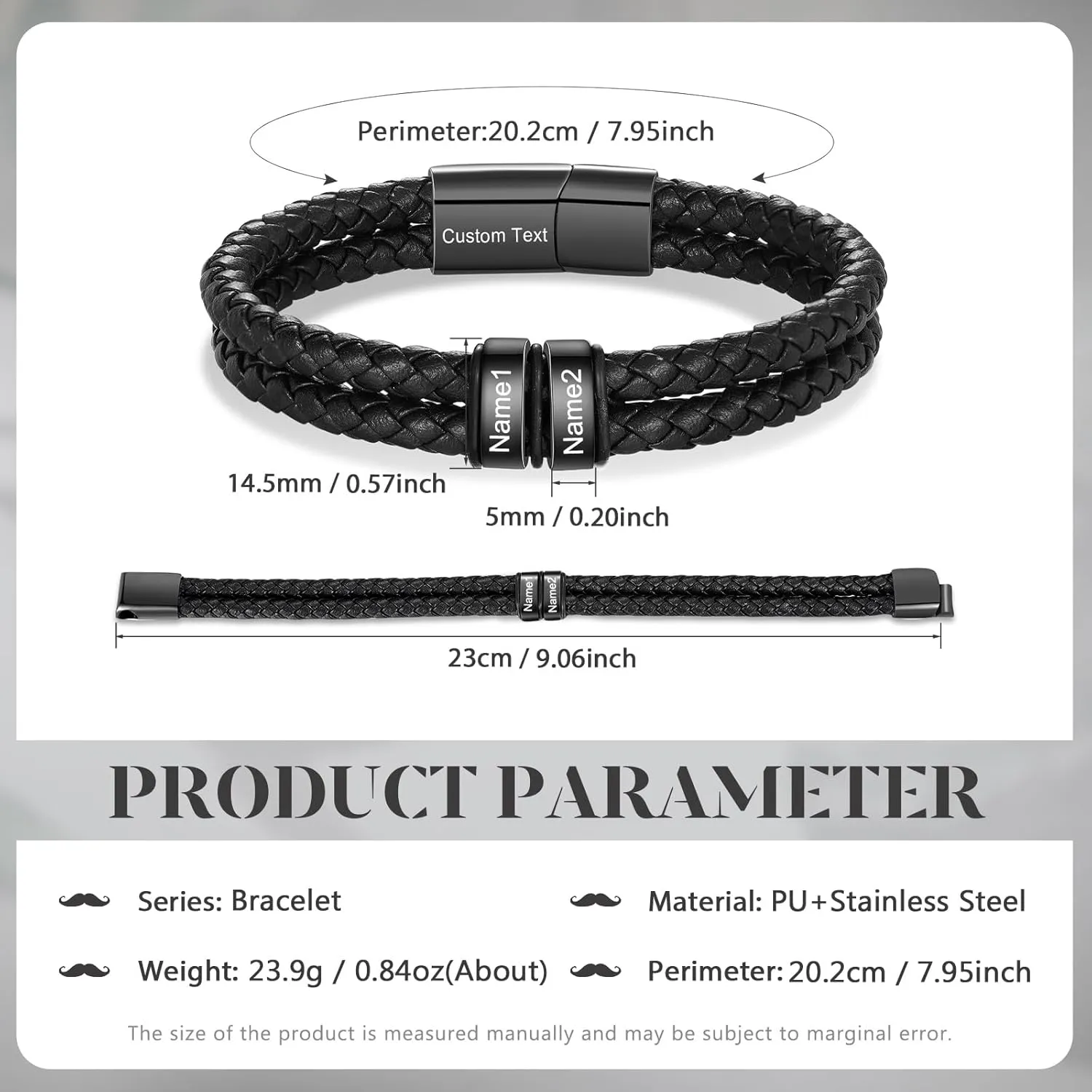 Personalized Leather Name Bracelet for Men  Custom Braided Mens Bracelet with 2-6 Engraved Beads, Unique Fathers Day Gift for Dad, Husband, Son, Grandpa