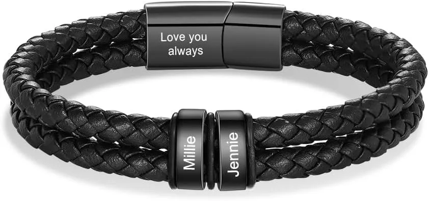 Personalized Leather Name Bracelet for Men  Custom Braided Mens Bracelet with 2-6 Engraved Beads, Unique Fathers Day Gift for Dad, Husband, Son, Grandpa