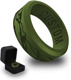 Personalized Mountain Beveled Silicone Ring for Couples, Engraved for Men Women & Ring Box Wedding Band