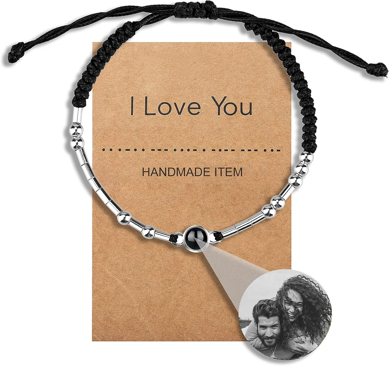 Personalized Photo Bracelets with Picture Inside, Custom Morse Code Picture Bracelets I Love You 100 Languages Projection Adjustable Circle Friendship Bracelet for Women Men Friends Sister Couples