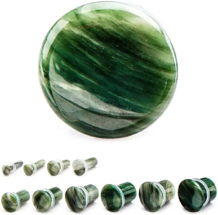 Pierced Owl - Green Lined Jasper Natural Stone Single Flared with Clear Silicone O-Ring Plugs, Sold as a Pair