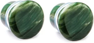 Pierced Owl - Green Lined Jasper Natural Stone Single Flared with Clear Silicone O-Ring Plugs, Sold as a Pair