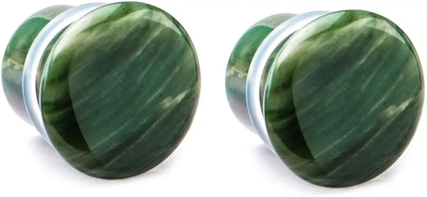 Pierced Owl - Green Lined Jasper Natural Stone Single Flared with Clear Silicone O-Ring Plugs, Sold as a Pair
