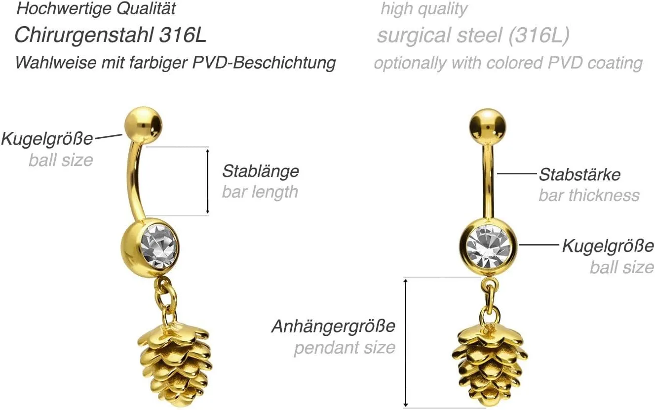 PIERCINGLINE surgical steel belly button piercing with pine cone design - Bananabell Piercing in 3 stylish colors