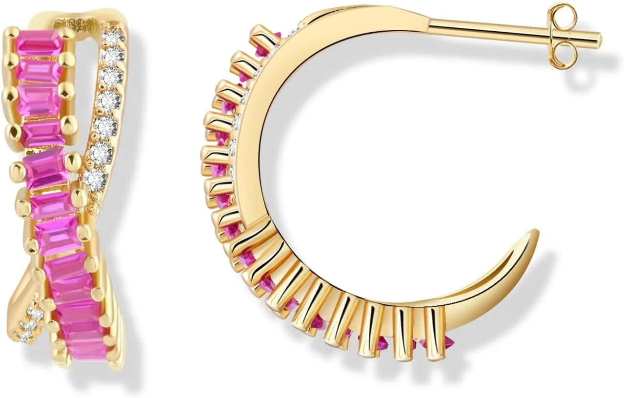 Pink CZ Hoop Earrings for Women - Cross Design Lightweight Hoops with Hypoallergenic 14k Gold Plating, 0.63 inch Height - Trendy and Chic Hot Pink Crystal Earrings, Perfect Fashion Jewelry