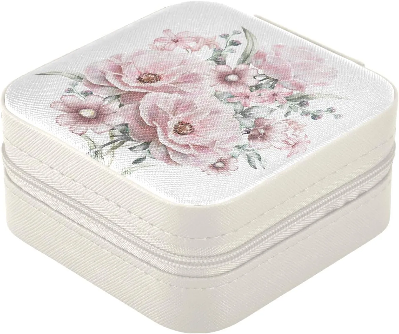 Pink Flowers White Travel Jewelry Case Jewelry Box Organizer for Women Girls Man Small Mini Portable Jewelry Storage Box for Earring Ring Necklace