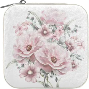 Pink Flowers White Travel Jewelry Case Jewelry Box Organizer for Women Girls Man Small Mini Portable Jewelry Storage Box for Earring Ring Necklace