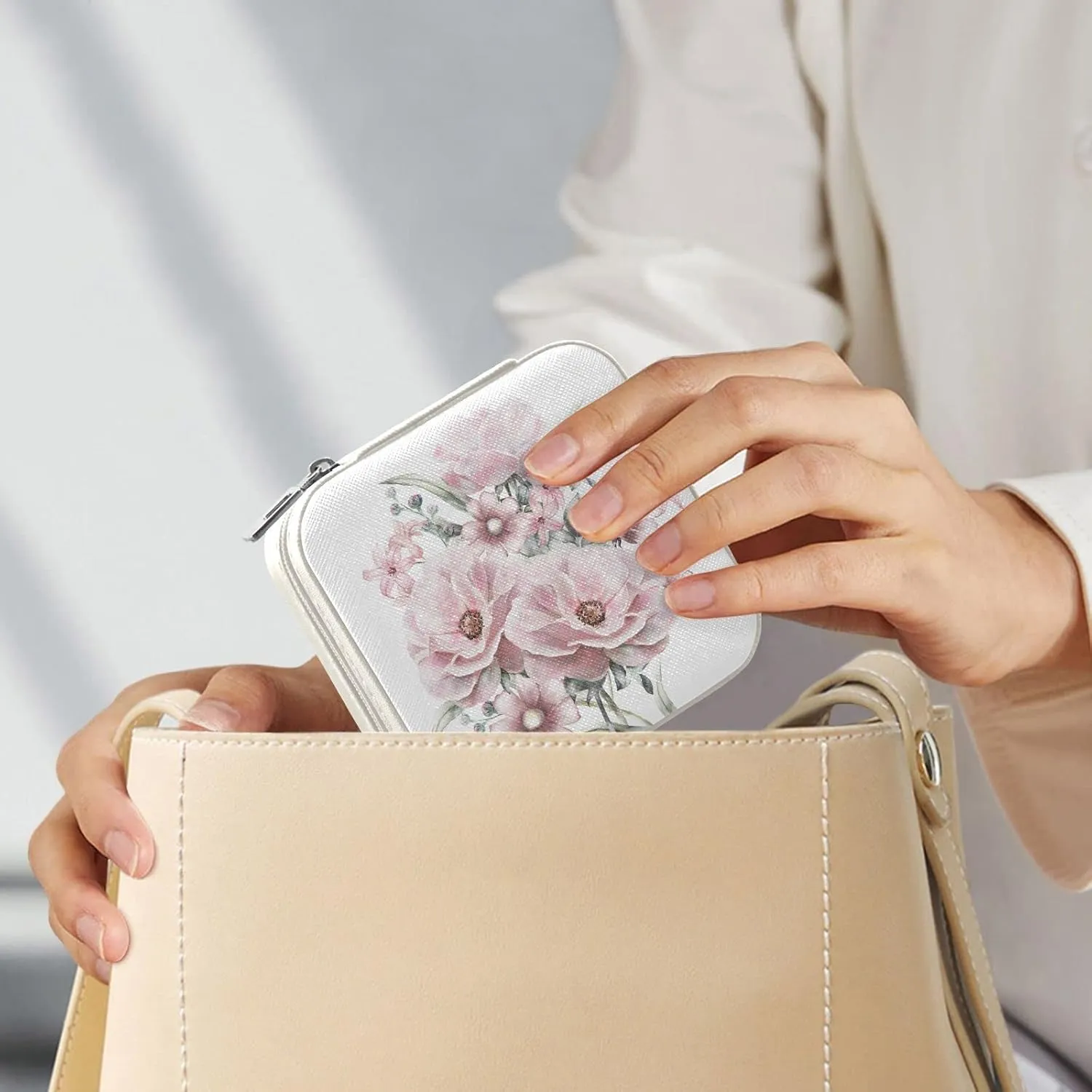 Pink Flowers White Travel Jewelry Case Jewelry Box Organizer for Women Girls Man Small Mini Portable Jewelry Storage Box for Earring Ring Necklace