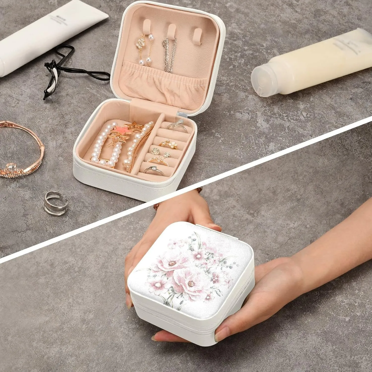 Pink Flowers White Travel Jewelry Case Jewelry Box Organizer for Women Girls Man Small Mini Portable Jewelry Storage Box for Earring Ring Necklace