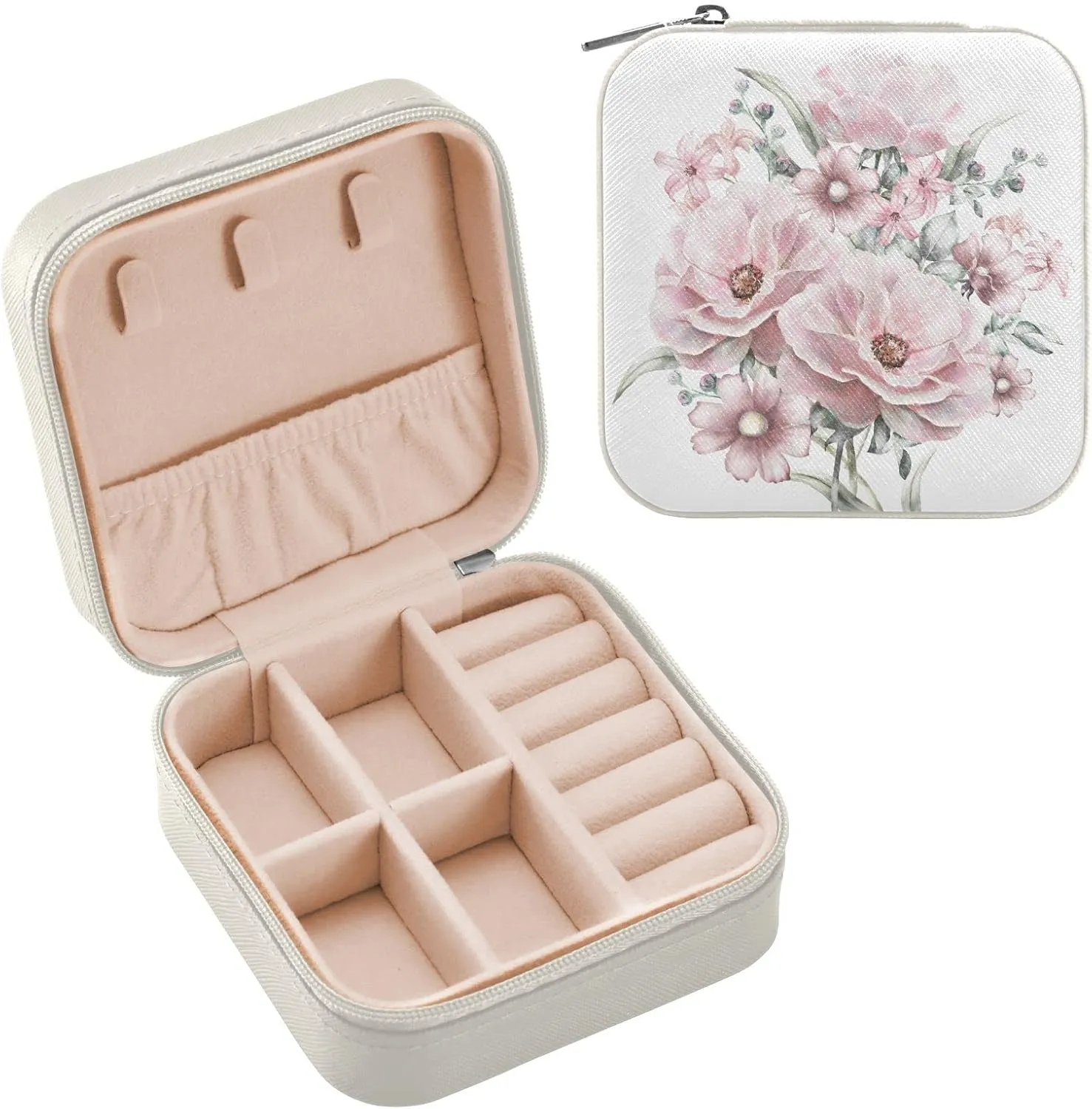 Pink Flowers White Travel Jewelry Case Jewelry Box Organizer for Women Girls Man Small Mini Portable Jewelry Storage Box for Earring Ring Necklace