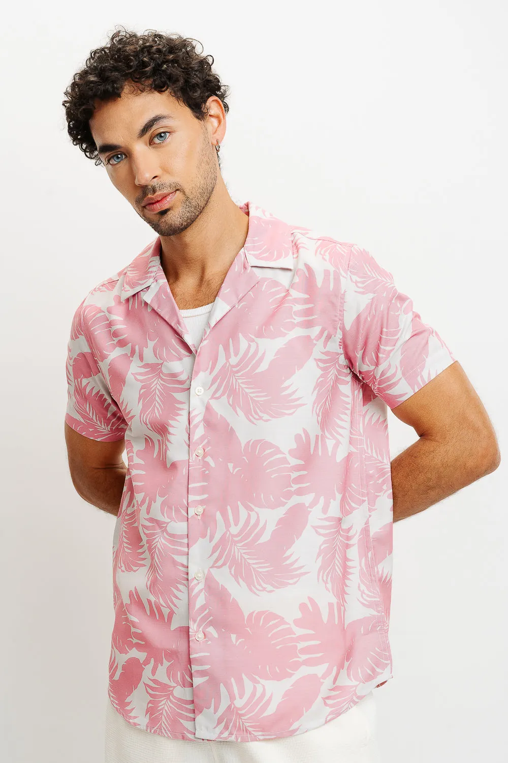 Pink Palm Leaf Print Men's Resort Shirt