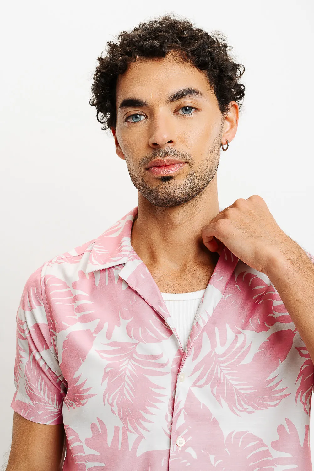 Pink Palm Leaf Print Men's Resort Shirt