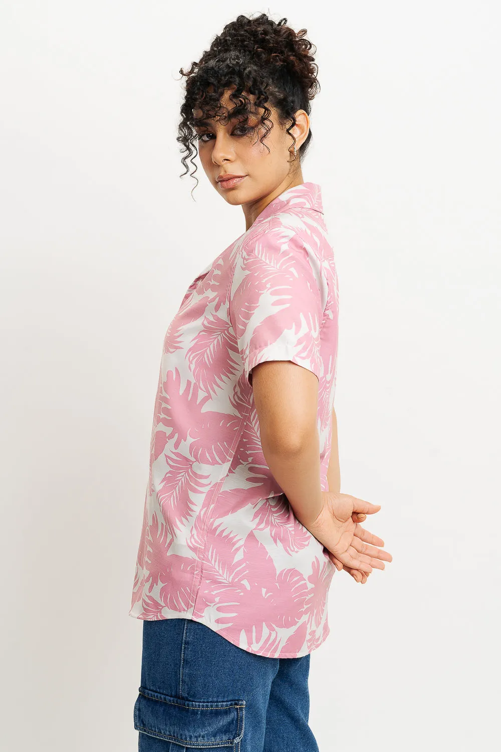 Pink Palm Leaf Print Women's Resort Shirt