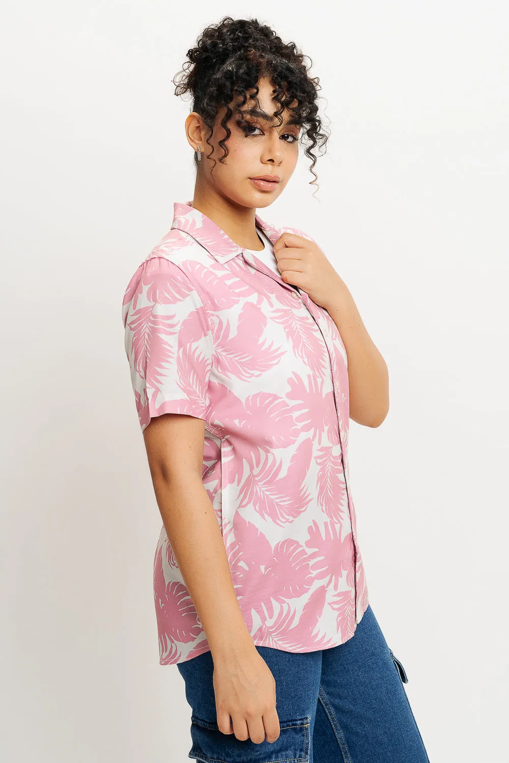 Pink Palm Leaf Print Women's Resort Shirt