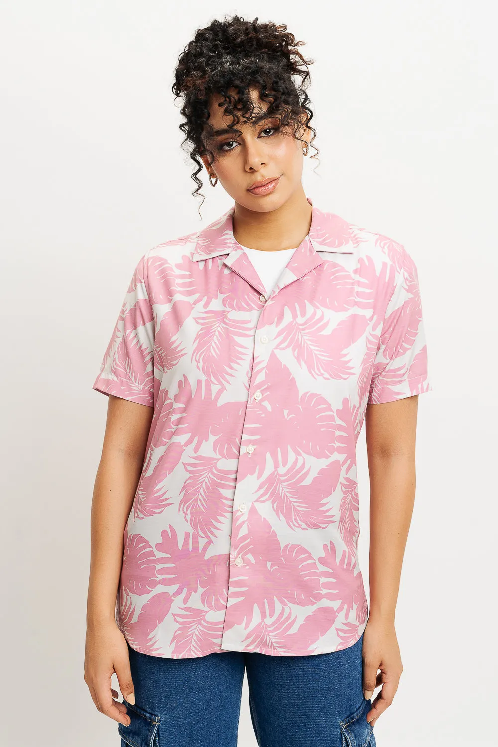 Pink Palm Leaf Print Women's Resort Shirt