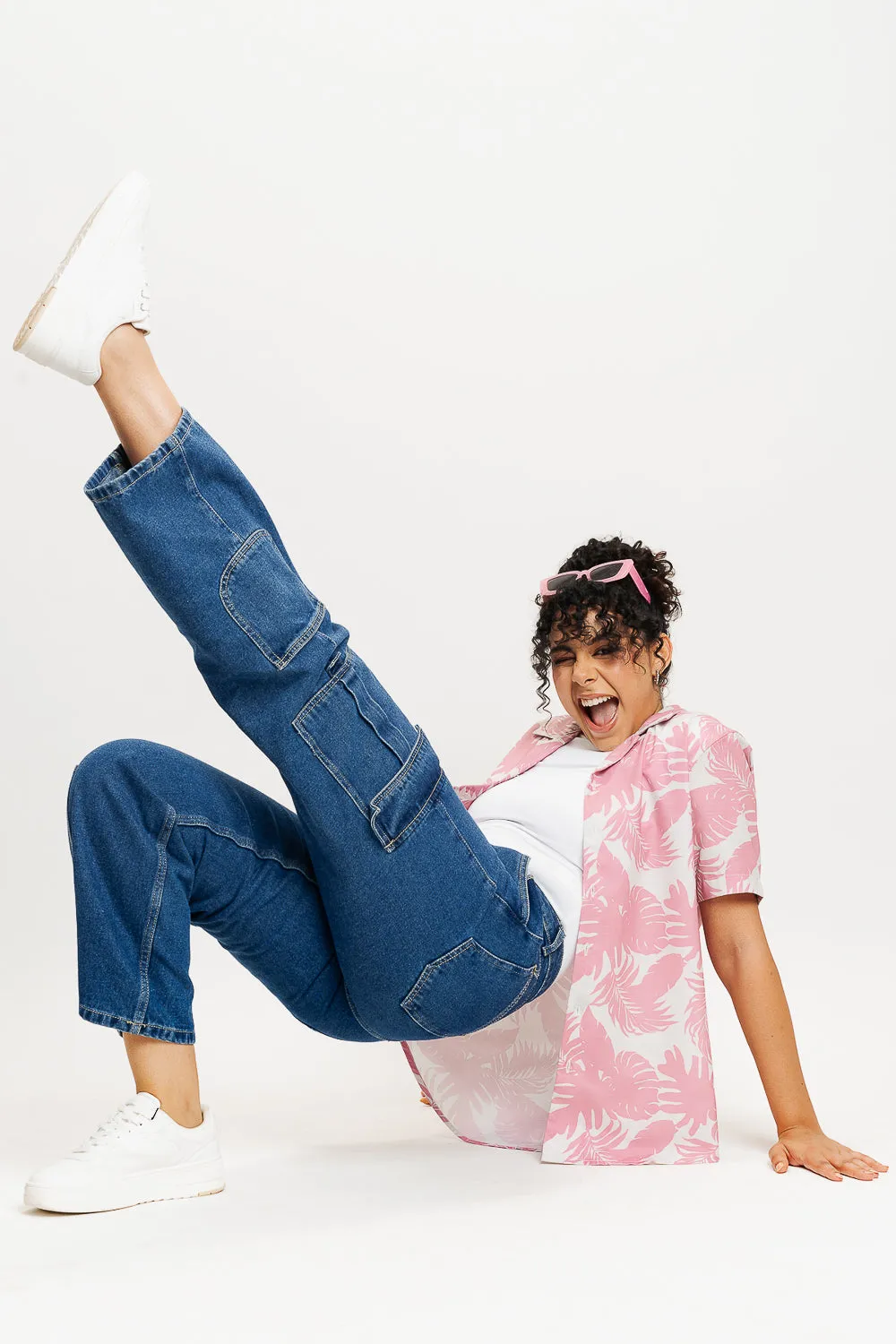 Pink Palm Leaf Print Women's Resort Shirt