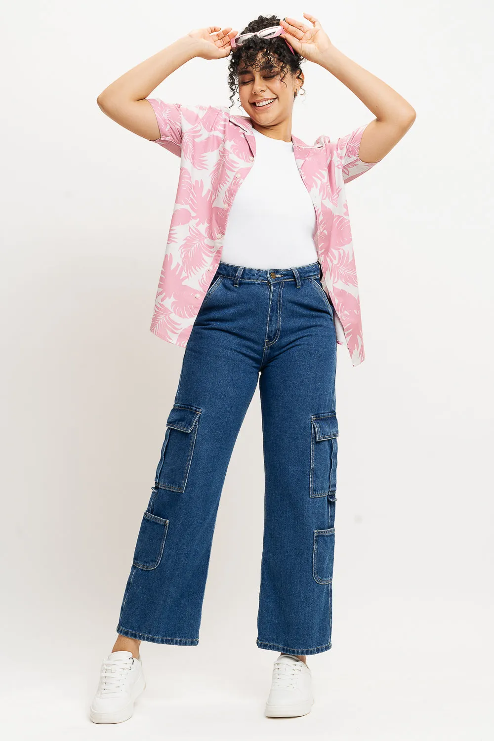 Pink Palm Leaf Print Women's Resort Shirt