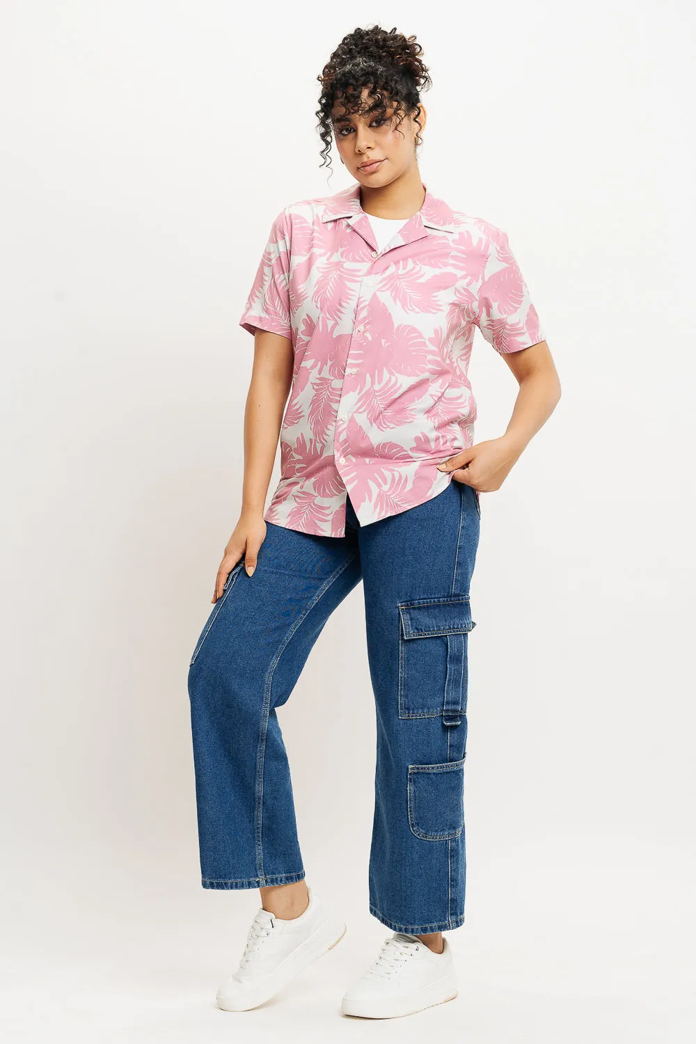 Pink Palm Leaf Print Women's Resort Shirt