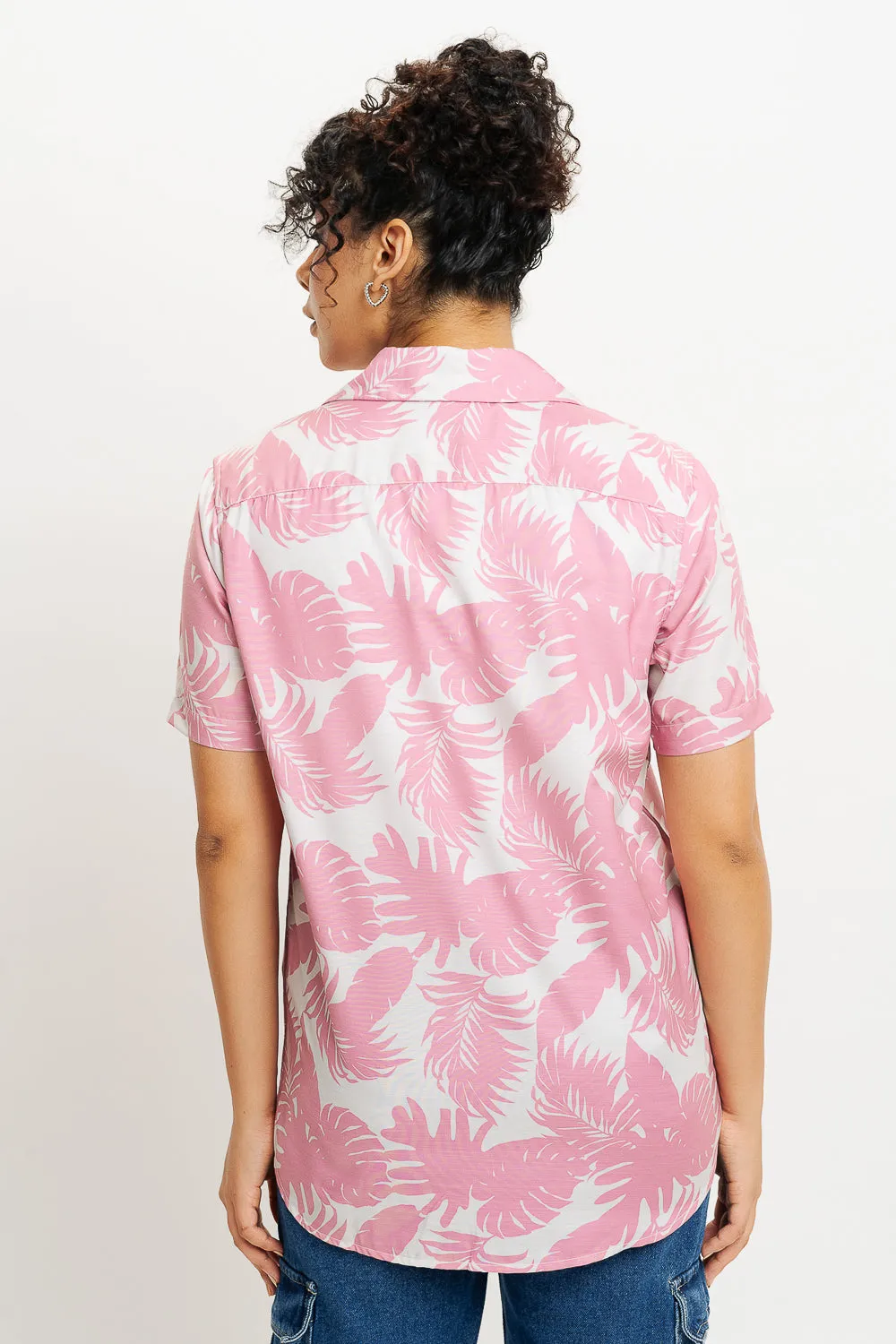 Pink Palm Leaf Print Women's Resort Shirt